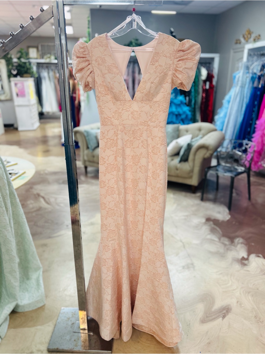 Blush Pink Lace Puff-Sleeve Maxi Dress